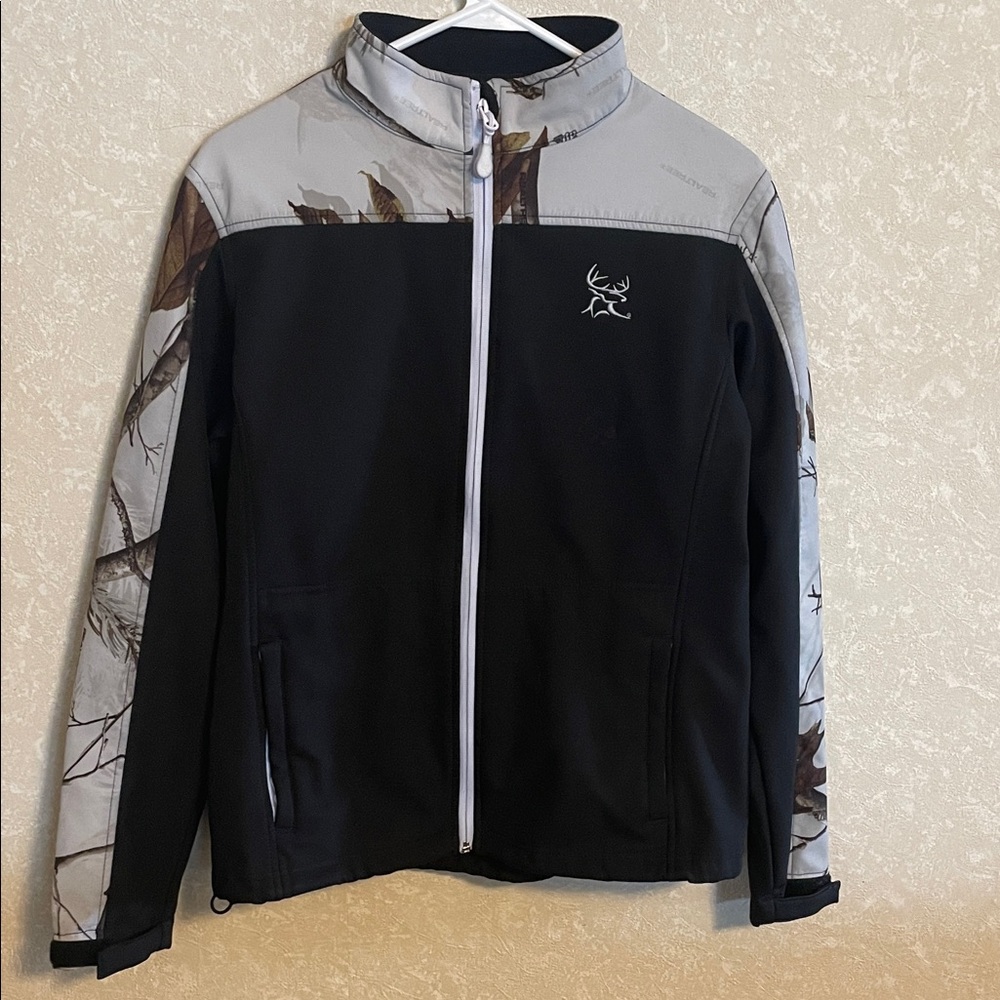 Women's Black and Gray Coat with Leaf Pattern